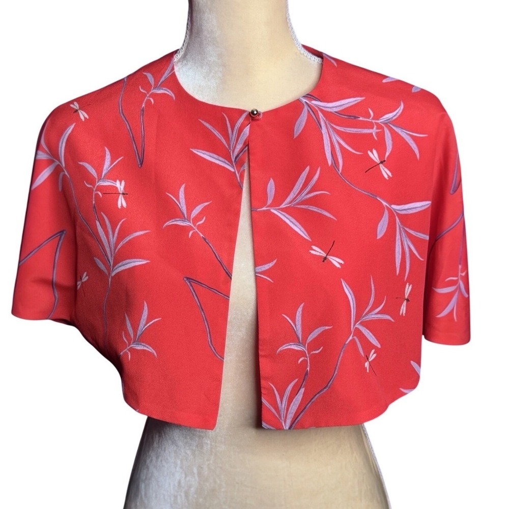 Borgo De Nor Red Dragonfly Print Cropped Capelet Shrug‎ Bolero Evening Size 8
